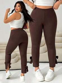 Pantalones casuales ajustados de color negro con decoración de moño y abertura lateral para mujer de talla grande, para verano, otoño, lindos, vacaciones en la playa, estilo occidental, concierto de música country, escuela, brunch - Marrón Chocolate - Ver 3