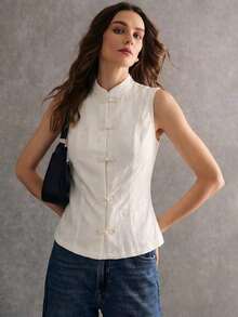 de mujer de estilo chino casual de verano con cuello de cheongsam, botones y textura de unicolor - Blanco - Ver 7