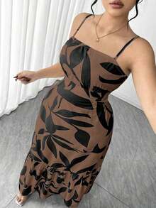 Vestido elegante de mujer talla grande con tirantes finos, cintura fruncida y diseño evasé, con estampado de hojas de dos colores, diseño evasé estilizador, elegante y sofisticado, adecuado para volver al colegio, graduación, San Valentín, festiva - Marrón - Ver 3