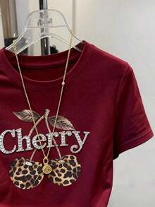 Camiseta de mujer de manga corta y cuello redondo casual de 56% algodón con estampado de leopardo y cereza, regalo para amigos - Burdeos - Ver 3