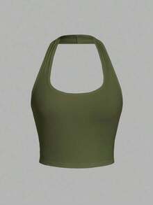 Camiseta de tirantes de ajuste ceñido con cuello halter, color liso y corta, de estilo minimalista y casual para mujer, de verano - Verde militar - Ver 5