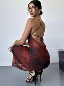 Vestido ajustado de tela transparente con tirantes de atar en el hombro descubierto y espalda descubierta, de colores degradados, elegante para uso diario u ocasiones de vacaciones, estilo veraniego - Burdeos - Ver 8