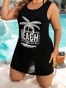 Mono vestido con estampado de árbol de coco talla grande para mujer, atuendo casual para vacaciones en la playa - Negro - Ver 3