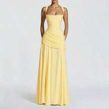 Vestido de verano elegante sin tirantes y ajustado de color amarillo, vestido casual sin espalda y sin mangas con pliegues para fiesta y club, para mujeres en bodas y primavera - Amarillo - Ver 2