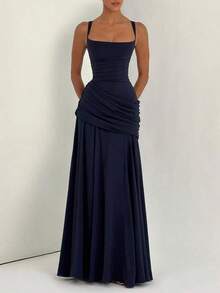 Vestido de verano elegante sin tirantes y ajustado de color amarillo, vestido casual sin espalda y sin mangas con pliegues para fiesta y club, para mujeres en bodas y primavera - Azul marino - Ver 7