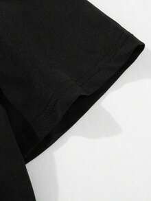 Camiseta de mujer de corte holgado con hombros caídos y estampado de palmeras, manga corta, cuello redondo, estilo casual, talla grande, ideal para vacaciones de verano. - Negro - Ver 4