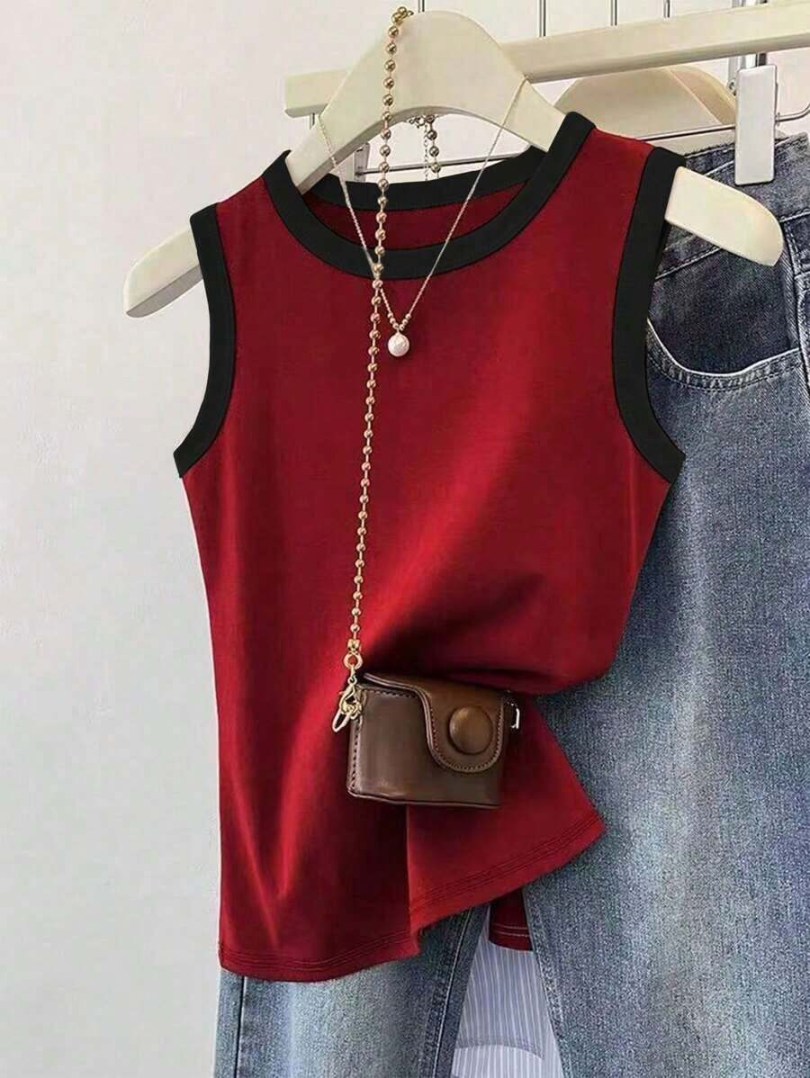 Camiseta de tirantes casual y versátil con ribete de contraste y cuello redondo para el verano - Multicolor - Ver 1