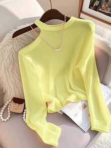 Camiseta de manga larga con hombro asimétrico y bloque de color para mujer, top de punto acanalado, primavera/otoño - Amarillo - Ver 1