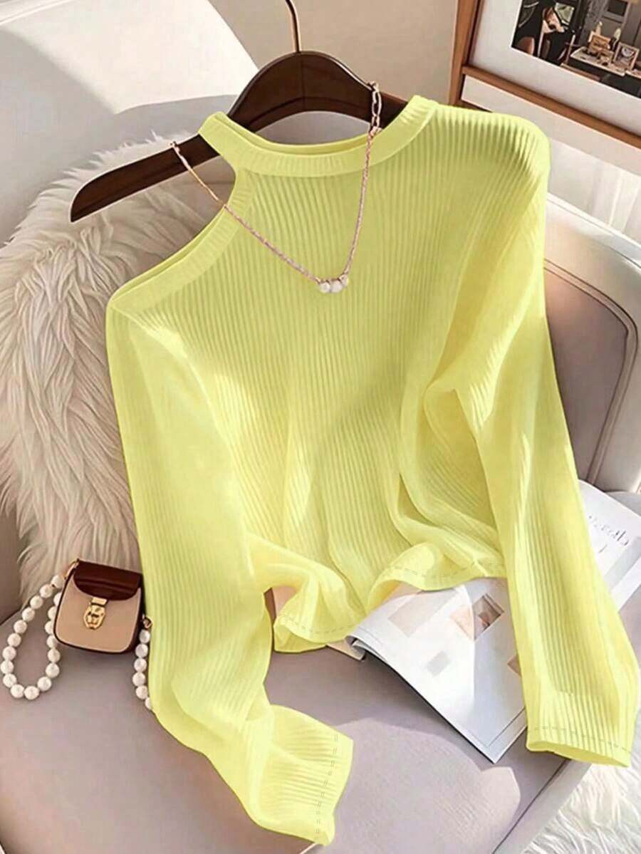 Camiseta de manga larga con hombro asimétrico y bloque de color para mujer, top de punto acanalado, primavera/otoño - Amarillo - Ver 1