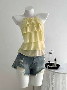 Blusa casual de mujer con cuello de volantes en capas de unicolor - Amarillo claro - Ver 4