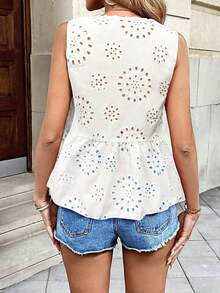 Blusa sin mangas de mujer estilo francés casual con cuello en V, encaje floral calado y lazo en rojo - Blanco - Ver 2