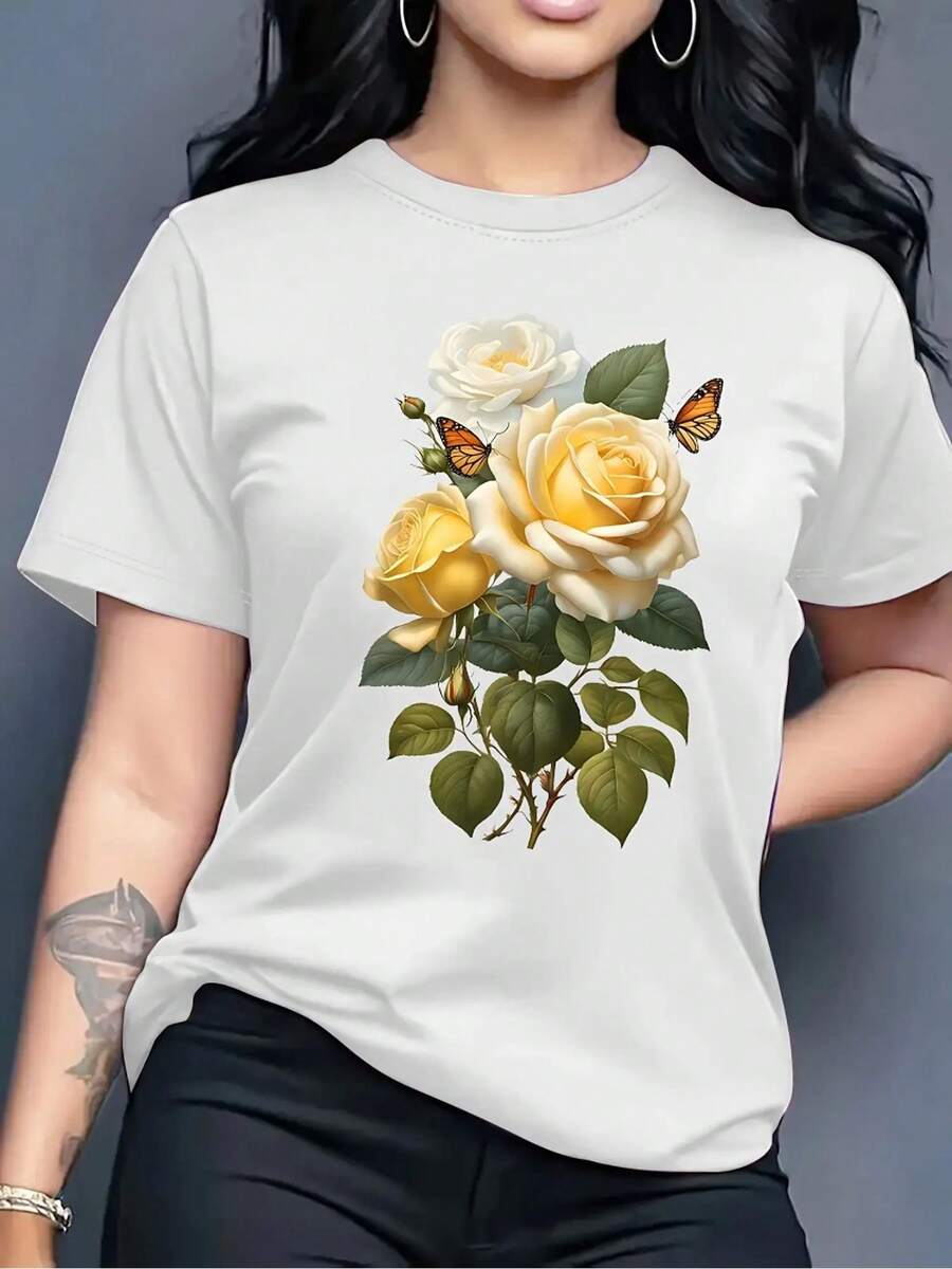 Camiseta de Mujer, Camiseta Unisex de Talla Grande con Estampado Floral de Mariposas - Diseño de Rosa Amarilla y Hoja Verde, Camiseta 100% de Manga Corta y Cuello Redondo | Ajuste holgado y cómodo | Adecuado para usar en primavera, verano y otoño. - Blanco - Ver 1