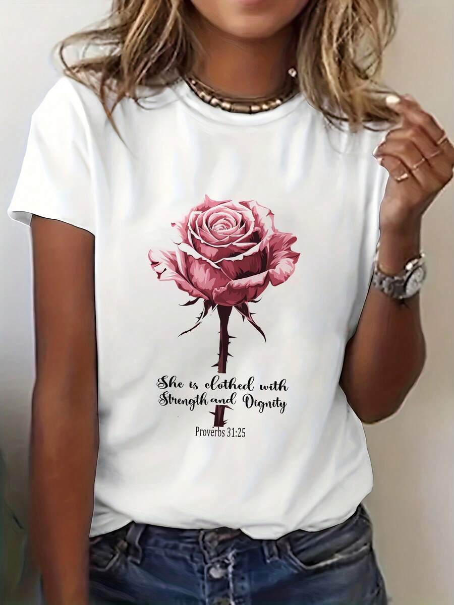 1 Piece Christian Aesthetic Print T-Shirt Of Rose Of Strength And Dignity, Casual Short Sleeve Round Neck Top, Women's Clothing For Spring/Summer, 180g 100% Cotton. - 白色 - 查看 1