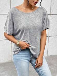 Camiseta gris de verano casual para mujer con escote trasero y nudo trenzado - Gris - Ver 3