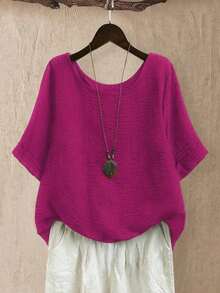 Top holgada de cuello redondo para mujer de talla grande en color verde salvia texturizado, para uso casual/diario/al aire libre/minimalista/vacaciones que estiliza, para primavera/verano - Rosa Fucsia - Ver 7