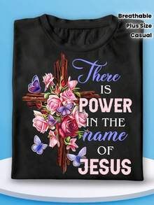 Women's Casual Cotton T-Shirt, "Power In The Name Of Jesus," Soft, With A Christian Cross Floral Print, Short Sleeves, 100% Pure Cotton, Comfortable Colors. Short-Sleeve Crew Neck Design, New Women's Fitted T-Shirt With A Round Neck, Spring/Summer Style, Couple Style, Perfect For Matching Outfits. - 黑色 - 查看 3