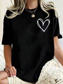 Women's T-Shirts, Women's T-Shirt With Minimalist Heart Print, Comfortable And Breathable, Ideal For Everyday Wear, Short Sleeve, Casual Sporty Style. Available In Multiple Sizes. - 黑色 - 查看 1