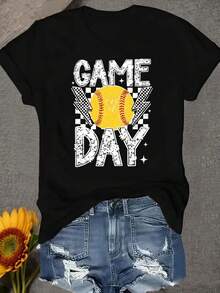 Women's Vintage Short-Sleeved Sports T-Shirt, Women's Blouses, Soft And Durable Fabric, Ideal For Watching Games And Everyday Casual Wear. - 黑色 - 查看 1