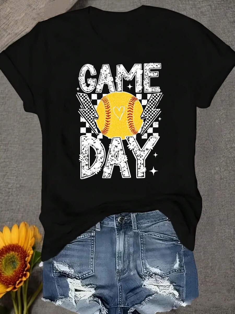 Women's Vintage Short-Sleeved Sports T-Shirt, Women's Blouses, Soft And Durable Fabric, Ideal For Watching Games And Everyday Casual Wear. - 黑色 - 查看 1