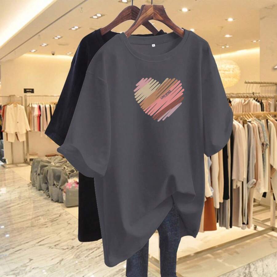 Camiseta con estampado de camisa casual para mujer, manga corta y cuello redondo, moda urbana local de primavera/verano camiseta unisex. RS1E - Gris Oscuro - Ver 1