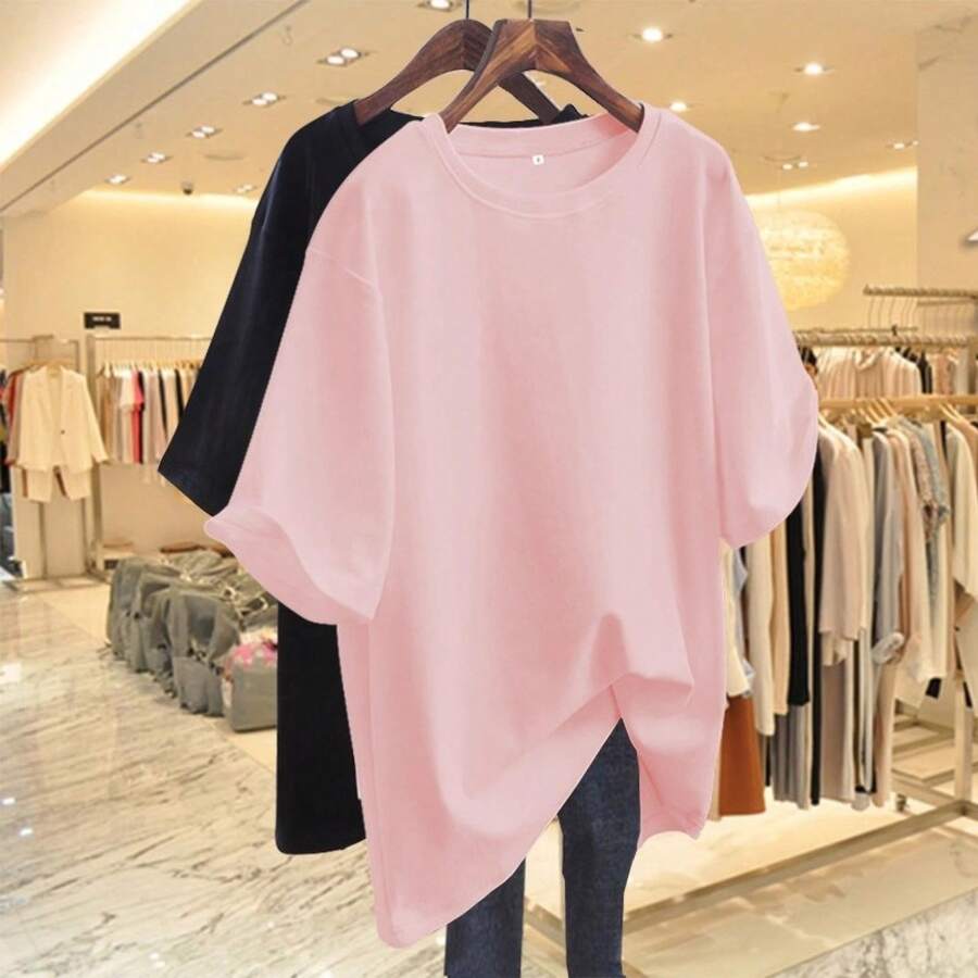Camiseta con estampado de camisa casual para mujer, manga corta y cuello redondo, moda urbana local de primavera/verano camiseta unisex. RS1E - rosa puro - Ver 1