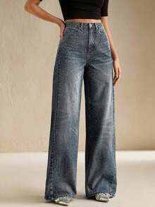 Jeans de pierna ancha de aspecto desgastado y brillante de estilo casual - Azul - Ver 4