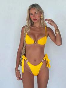 Badeanzug im europäischen und amerikanischen Stil, einfarbig, mehrfarbig, mit Metallverzierung, sexy Bikini-Bademode. - Dunkelgrün - Übersicht 5
