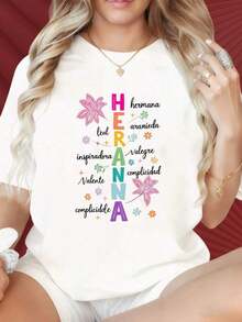 Women's Casual T-Shirt With A Round Neck And Short Sleeves, Featuring Interesting Prints. "Sister" T-Shirt With A Floral Design And Inspirational Words For Women, Black T-Shirt, Gift For Sisters, Suitable For Christmas Parties, Sports Activities, Holiday Parties, Outings, Sports, And Other Festive Gifts (220g). 100% Cotton, Durable. - 白色 - 查看 1