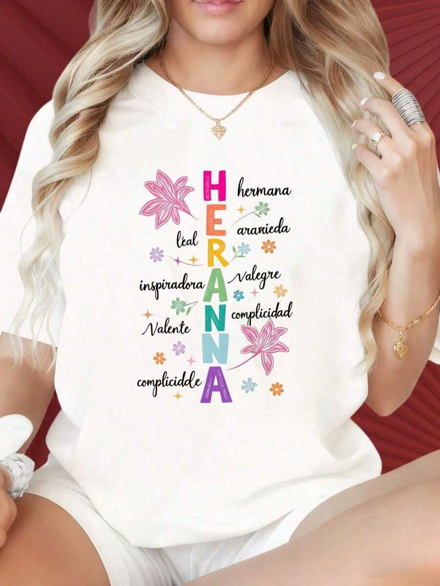 Women's Casual T-Shirt With A Round Neck And Short Sleeves, Featuring Interesting Prints. "Sister" T-Shirt With A Floral Design And Inspirational Words For Women, Black T-Shirt, Gift For Sisters, Suitable For Christmas Parties, Sports Activities, Holiday Parties, Outings, Sports, And Other Festive Gifts (220g). 100% Cotton, Durable. - 白色 - 查看 1
