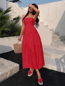 YHHSunnyshic Vestido de tirantes con cordón y pliegues en tela texturizada color albaricoque, holgado y estilizador, estilo vacacional, sin mangasYHH - Rojo fuego - Ver 5