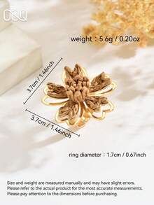 OOQ 1pc Vacation Style Five-Petal Raffia Flower Open Ring, Adjustable Size Portable Colorful Floral Ring For Women, Bridesmaid Gift, Friend Gift (Handmade Raffia Weaving, Shape & Direction Random) - Brown - View 2
