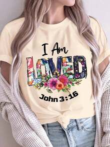 Women's Inspirational Polyester Fiber T-Shirt, Printed With "I Am Loved" John 3:16, Casual Round Neck, Short Sleeves, Breathable Knit Fabric, Comfortable For All Seasons, 180 Grams Per Square Meter - Regular Fit. - 杏 - 查看 6