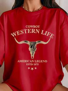 Comfortable "Western Cowboy Horn" Pattern, Comfortable Retro Style, Suitable For Everyday Wear - Retro Casual Top, Soft And Stretchy Round Neck, Suitable For Spring, Summer And Autumn, Women's Casual Shirt; Women's T-Shirt; Women's Spring And Summer Clothing; Loose And Versatile Short-Sleeved T-Shirt For Women - 紅色的 - 查看 7