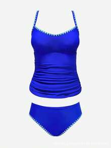 Traje de baño de una pieza para mujer, bikini de dos piezas de color sólido, estilo sencillo. - Azul - Ver 11