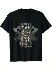 Camiseta clásica de guerrero nórdico en negro, con la frase impactante 'Soy un hombre de los nórdicos, temo a Odín y a mi esposa, tú no eres ninguno' junto con motivos de hachas vikingas cruzadas y águilas. Ideal para entusiastas de la mitología nórdica - Negro - Ver 6
