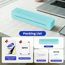 Inkless Portable Thermal Printer, Bluetooth Wireless A4 Printer With 1500mAh Battery, Supports Continuous & Single Thermal Paper, USB & Bluetooth Connection, Compatible With IOS/Android/Windows, Compact Design, Perfect For UK Business Trips, Travel - Mint Green - View 3