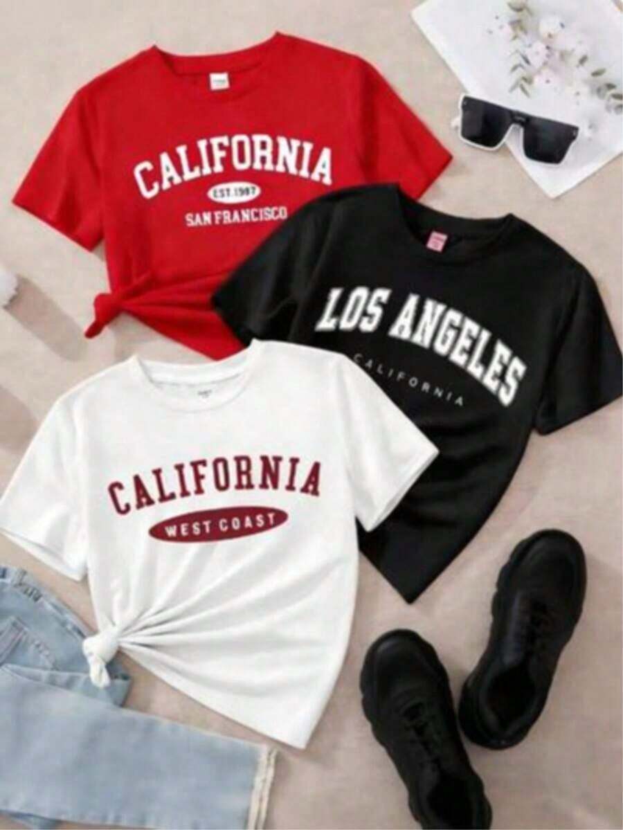 Camisetas de manga corta para mujer con cuello redondo. Conjunto de una sola pieza, no es un conjunto de 3 piezas. Es solo una camiseta. Camiseta cómoda 100% algodón, con estampado universitario "Los Angeles California", cuello redondo informal, manga corta, transpirable, top negro de verano para mujer. - Blanco - Ver 1