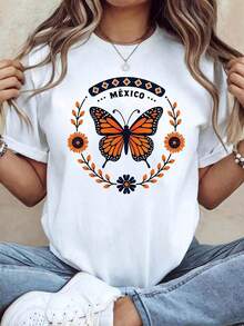 Vintage Women's "MEXICO" T-Shirt With Mexican Butterfly Floral Design, Monarch Butterfly Floral Slogan Decoration, Casual Short Sleeve, Exotic Style For Travel And Festivals, Women's T-Shirts > Basic - 白色 - 查看 7