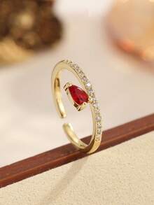 Nhẫn hở mạ vàng 18K hình trái tim đỏ và hoa hồng đính đá Cubic Zirconia, nhẫn đeo ngón tay có thể điều chỉnh kích thước, trang sức ngọt ngào lãng mạn dành cho phụ nữ. - Nhiều màu - Xem 35