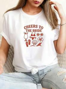 Conjuntos de Verano Premium para Mujer: Camiseta de Mujer con la Frase "CHEERS TO THE BRIDE", con un Diseño de Concha y Flores Tropicales para una Fiesta de Soltero Romántica y Feliz. Esta elegante camiseta vintage blanca de manga corta y cuello redondo es elegante y favorecedora. Ropa de verano para mujer, tops de verano ecológicos. - Blanco - Ver 1