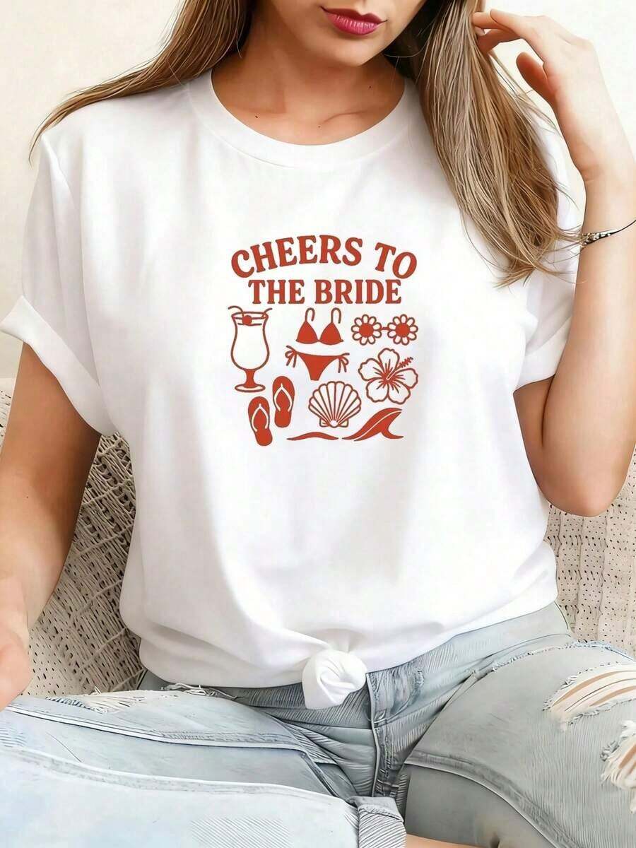 Conjuntos de Verano Premium para Mujer: Camiseta de Mujer con la Frase "CHEERS TO THE BRIDE", con un Diseño de Concha y Flores Tropicales para una Fiesta de Soltero Romántica y Feliz. Esta elegante camiseta vintage blanca de manga corta y cuello redondo es elegante y favorecedora. Ropa de verano para mujer, tops de verano ecológicos. - Blanco - Ver 1
