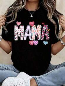 Free Shipping, Local Delivery In Mexico, Delivery In 4 Days. 1 Piece Of Women's T-Shirt With Cute Heart Print, Graphic Tee, Mother's Day Gift,  Casual Top For Mom, White, 210g, 100% Cotton, Prints Are Fully Printed. Unisex. - 黑色 - 查看 5