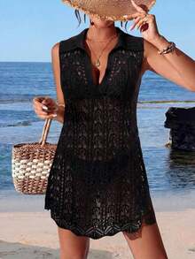 Cubre vestido de punto calado de unicolor para mujer, para el verano - Negro 2 - Ver 5