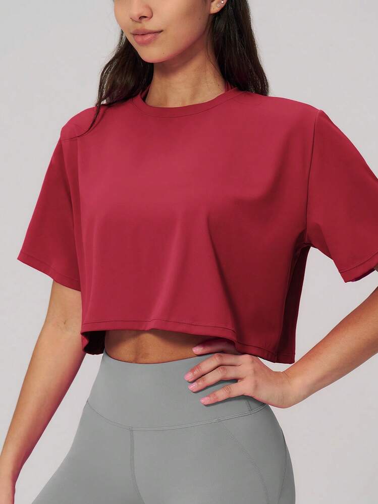 NcmRyu 1pc Women Solid Color Loose Cropped Short Sleeve Activewear Top Sports - Red - View 1