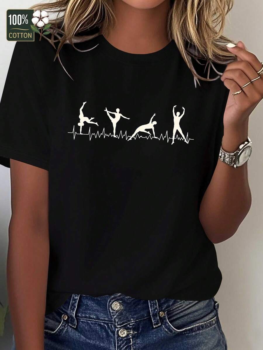 Comfortable Women's T-Shirt Made Of Sheer Fabric With A Gym-Beat Silhouette Line - 黑色 - 查看 1