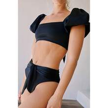 Women's Swimsuit, Bikini, Short Sleeve Swimsuit, Women's Swimsuit With Puff Sleeves, Sporty Style. - 黑色 - 查看 8