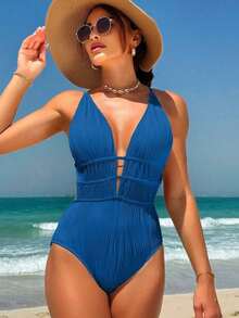 Traje de baño de una pieza con diseño de espalda descubierta, de unicolor, fashionable, para playa de verano, color blanco - azul real - Ver 5