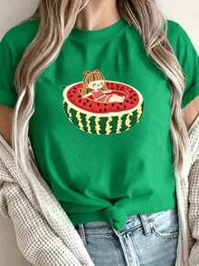 | 1 Playera para Mujer 100% Algodón Transpirable| Camiseta gráfica de sandía amarilla brillante para mujeres - Casual de manga corta y cuello redondo, lavable a máquina, perfecta para vacaciones de primavera/verano y diversión al aire libre - Ideal para el veranoPure-Cotton - Verde - Ver 1