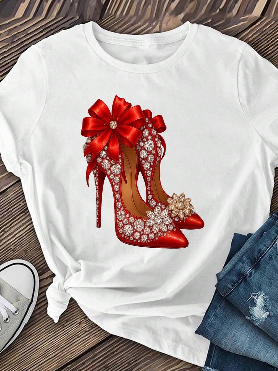 Women's Short-Sleeved T-Shirt With Round Neck, Featuring A Red High-Heeled Shoe Print, Women's Clothing, Casual Short-Sleeved Round Neck Top For Spring And Summer. - 白色 - 查看 1