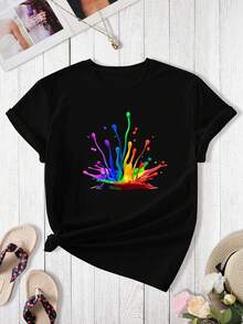 Women's Black Short-Sleeved T-Shirt With Rainbow Ink Splash Print, Round Neck, Soft And Clingy, Casual Design, Cool And Breathable With A Striking Personality, Urban Bohemian Retro Style, Blouse For Modern And Daring Girls, Suitable For Daily Comfort And Relaxation. - 黑色 - 查看 1